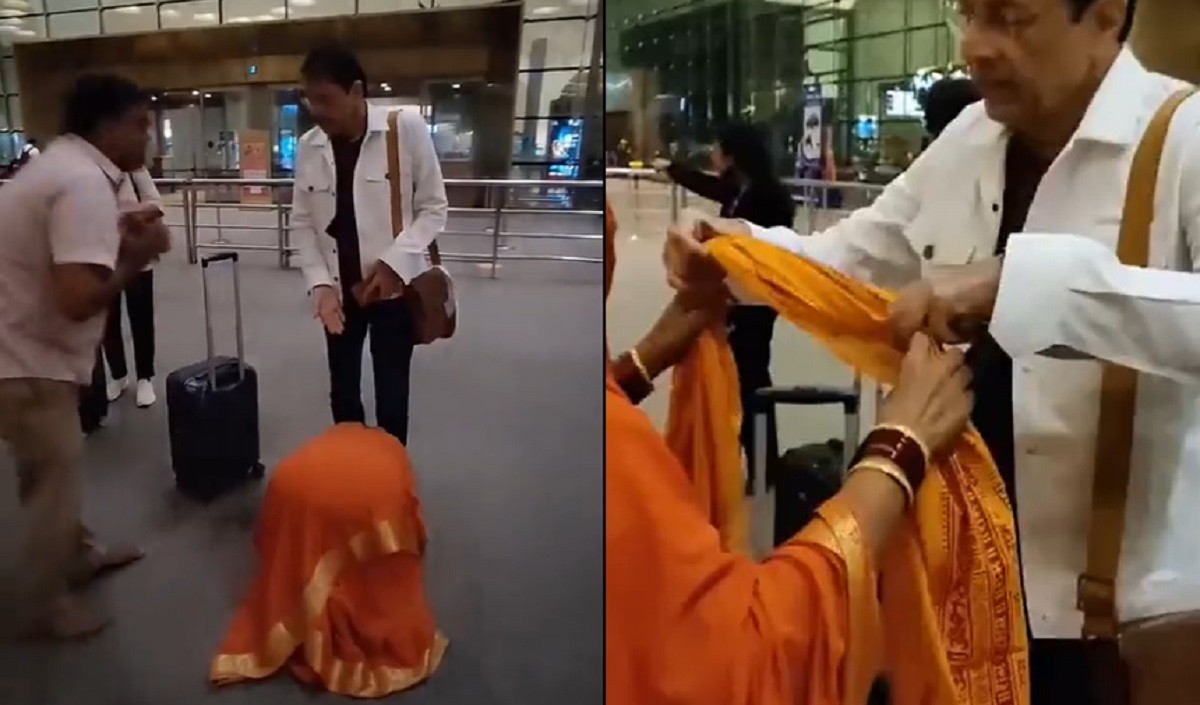 'रामायण' फेम अरुण गोविल को भगवान राम समझकर भावुक हुई महिला, एयरपोर्ट पर छूने लगी पैर, देखे वीडियो - woman got emotional considering arun govil as lord ram started touching her feet at airport