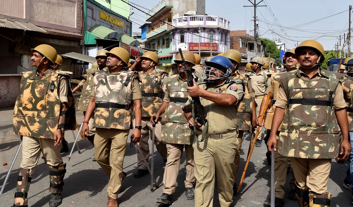 Police march