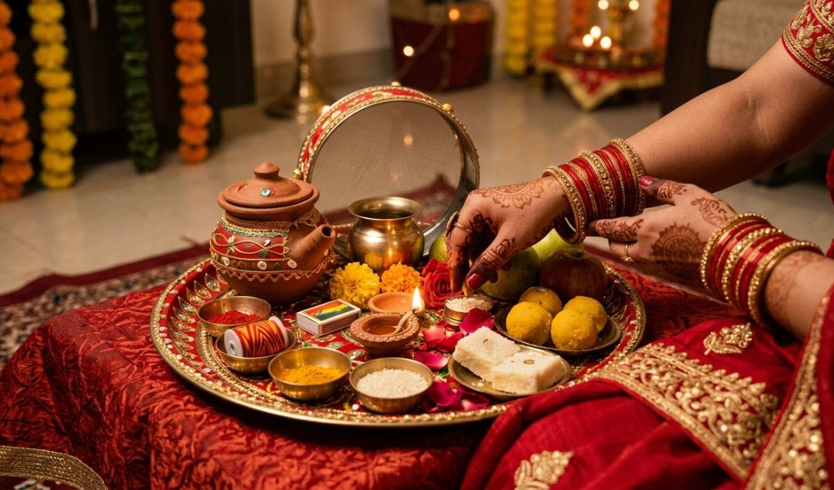 Karwa Chauth 2026: पूजा थाली में मिट्टी के करवे से लेकर छलनी तक रखें ये सामग्री Karwa Chauth 2026: पूजा थाली में मिट्टी के करवे से लेकर छलनी तक रखें ये सामग्री
