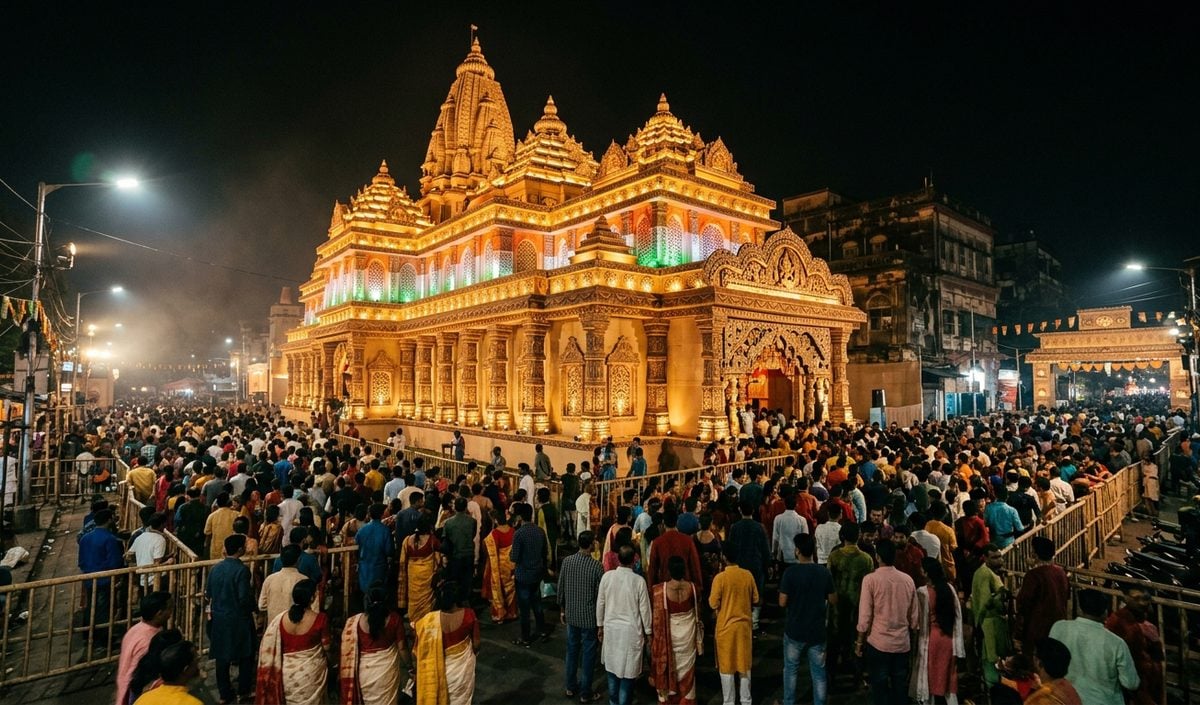Kolkata के Durga Puja पंडालों में राम मंदिर और Vande Mataram की थीम पर उमड़ी भीड़ Kolkata के Durga Puja पंडालों में राम मंदिर और Vande Mataram की थीम पर उमड़ी भीड़