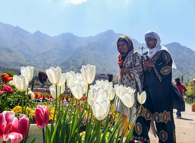 इंदिरा गांधी मेमोरियल ट्यूलिप गार्डन में पर्यटक