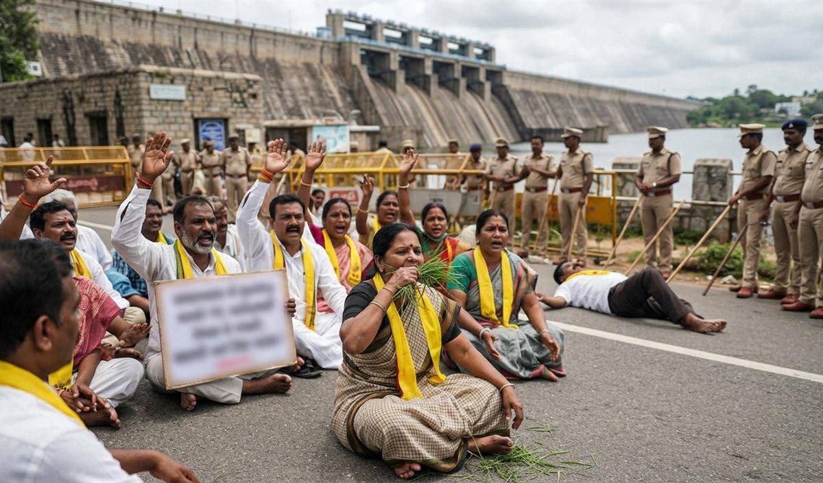 KRS Dam के पास कावेरी पानी छोड़ने के विरोध में किसानों का प्रदर्शन KRS Dam के पास कावेरी पानी छोड़ने के विरोध में किसानों का प्रदर्शन