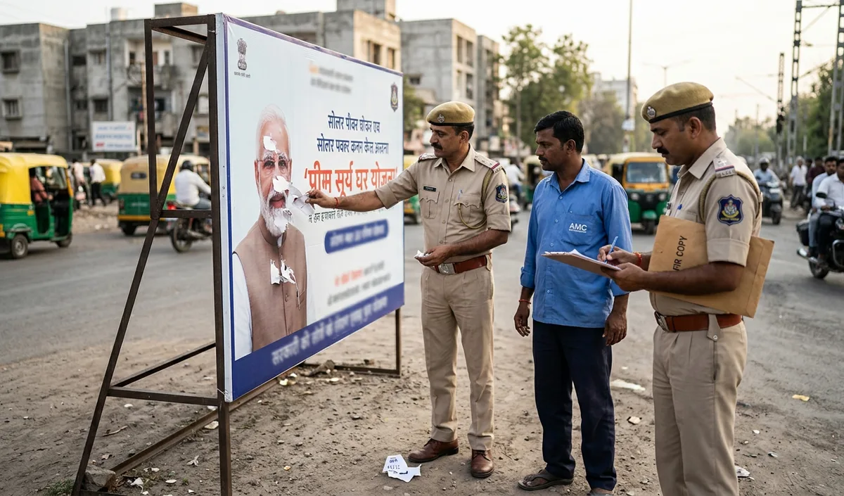 Ahmedabad में FIR दर्ज: PM Modi के होर्डिंग पर चिपकाए गए विवादित स्टिकर Ahmedabad में FIR दर्ज: PM Modi के होर्डिंग पर चिपकाए गए विवादित स्टिकर
