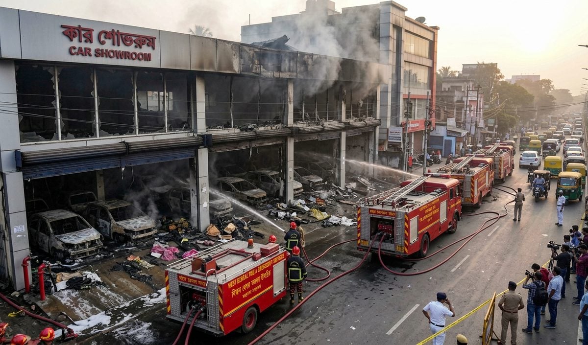 West Bengal के मध्यमग्राम में Car Showroom में लगी आग, 30 गाड़ियां जलीं West Bengal के मध्यमग्राम में Car Showroom में लगी आग, 30 गाड़ियां जलीं