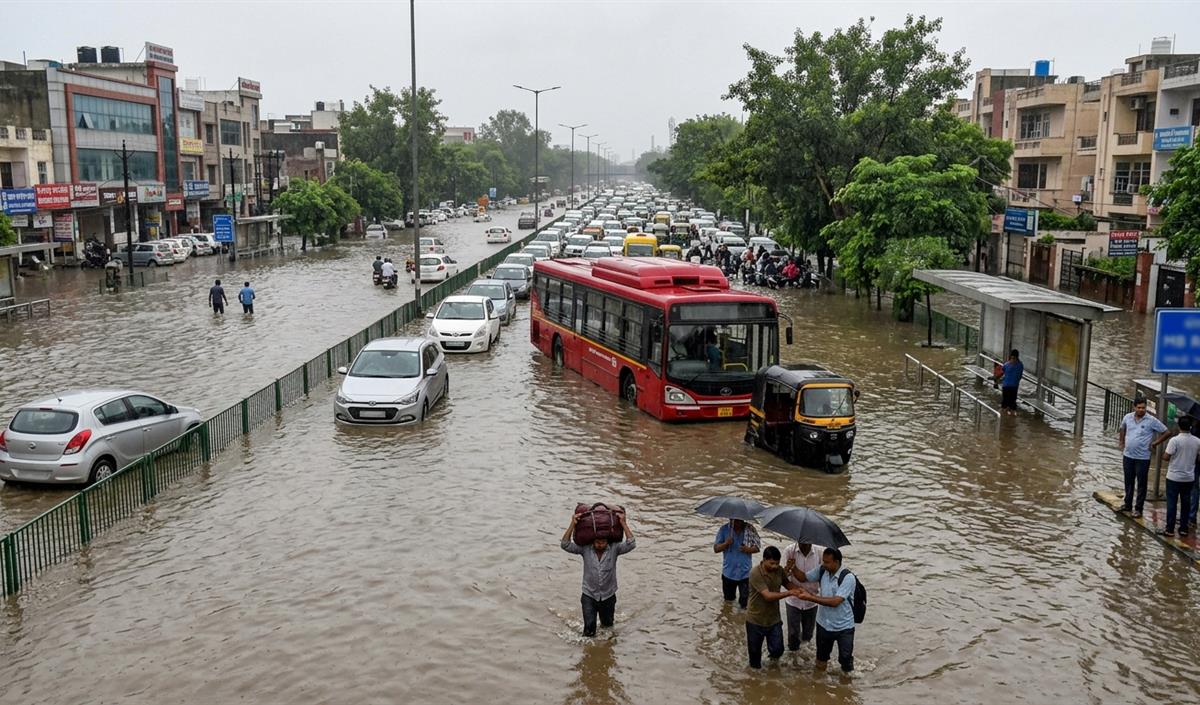 Delhi Rain से जलमग्न हुई राजधानी, IMD ने जारी किया Red Alert; थमा यातायात Delhi Rain से जलमग्न हुई राजधानी, IMD ने जारी किया Red Alert; थमा यातायात