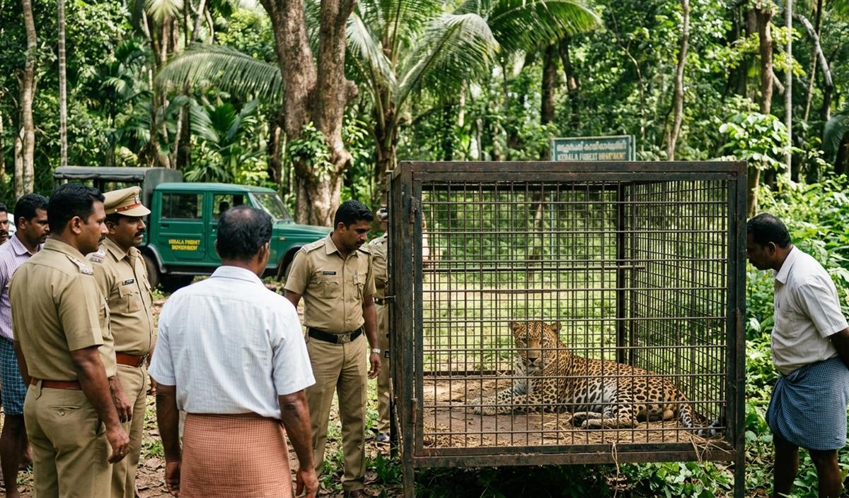 Kerala के Kollam में पिंजरे में फंसा तेंदुआ, एक महीने से अलीमुक्कू में कर रहा था मवेशियों का शिकार